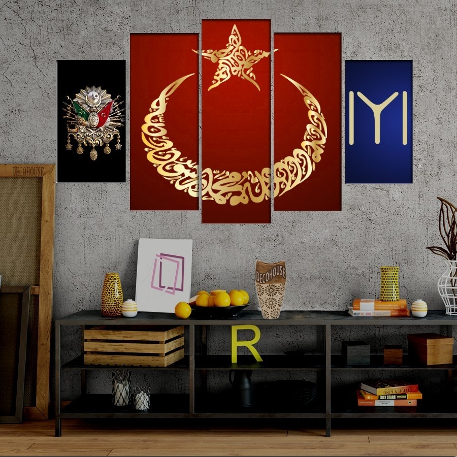 5 Parçalı Kanvas Türk Bayrağı Tablosu