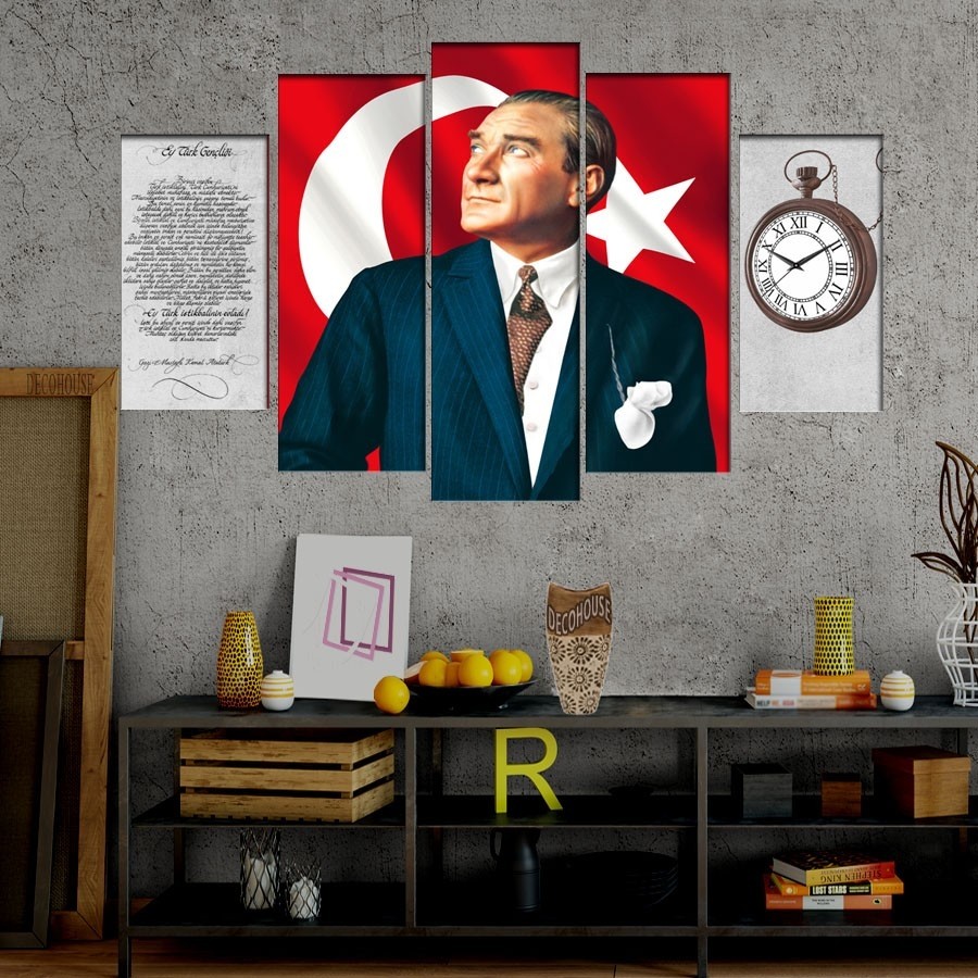 5 Parçalı Saatli Atatürk Tablosu