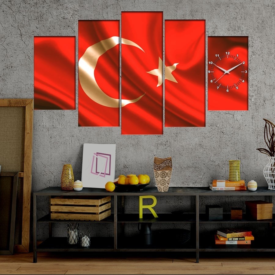 5 Parçalı Saatli Türk Bayrağı Tablosu