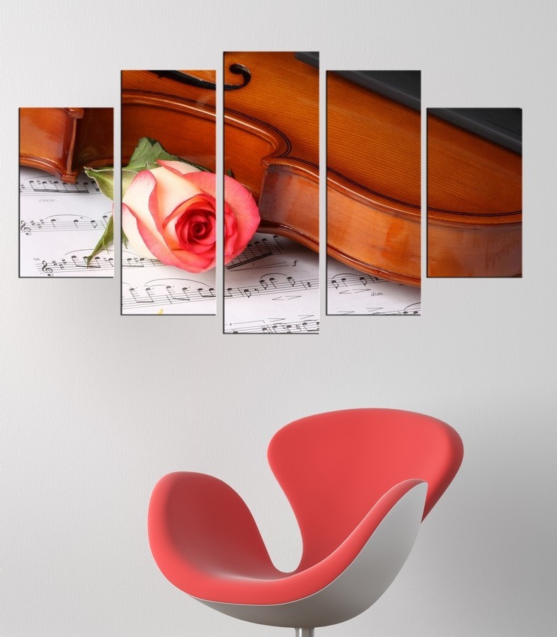 5 Parçalı Kanvas Tablo - Gül Gitar Notalar-Dekoratif Kanvas Tablolar