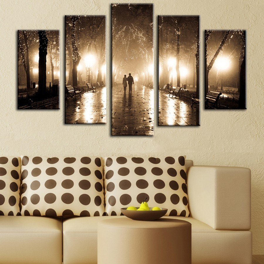 5 Parçalı Kanvas Tablo - Aşk - Gece - Yağmur - Park Tablosu