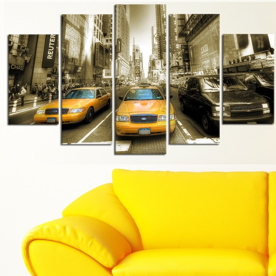 5 Parçalı Kanvas Tablo - Amerika Taxi Cadde-  Dekoratif Kanvas Tablolar