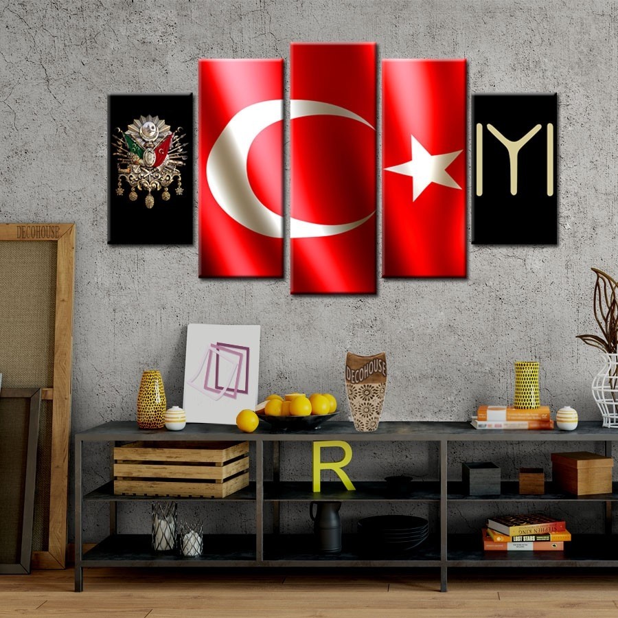 5 Parçalı Kanvas Kayı Dekorlu Türk Bayrağı Tablosu