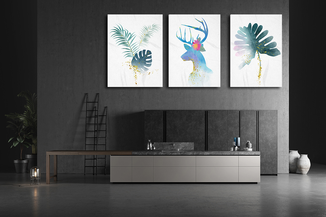 Geyikler Tropikal-Geometrik Şekiller Minimalist Koleksiyon Tablolar
