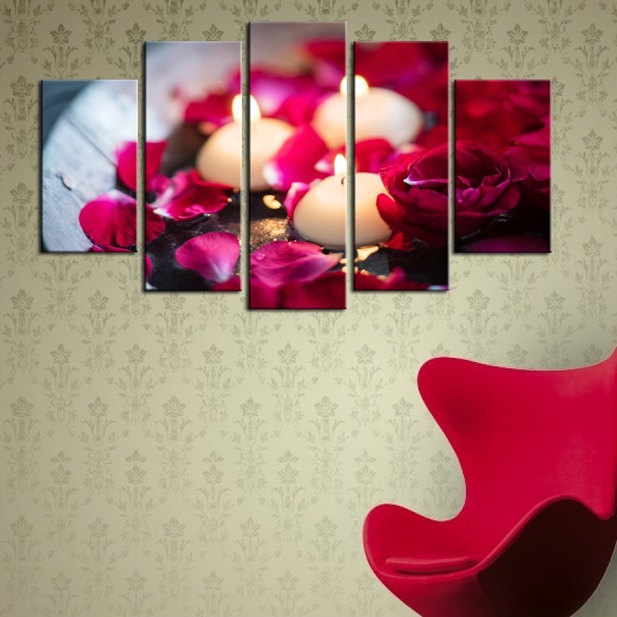 5 Parçalı Kanvas Dekoratif Tablo-Güller Mum Tablo