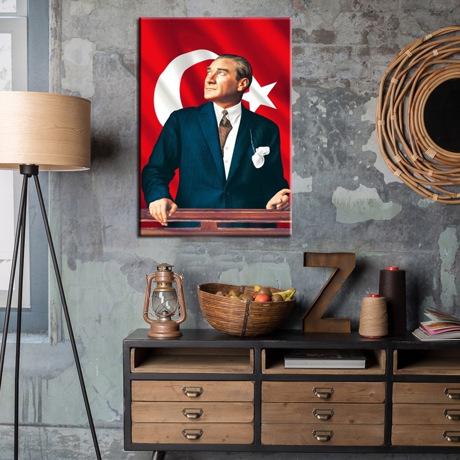 Türk Bayrağı Dekorlu Atatürk Tablosu-Kanvas Tablo-Duvar Tablosu