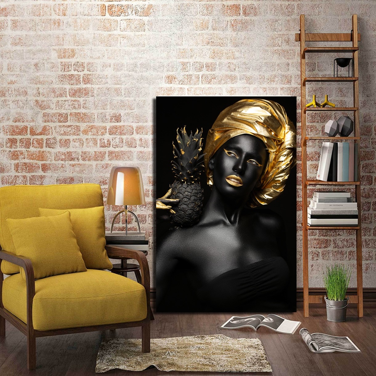 Ananas Gold Siyah Makyajlı Kadın Tablosu-Dekoratif Kanvas Tablolar - 2024 Trend Tablolar