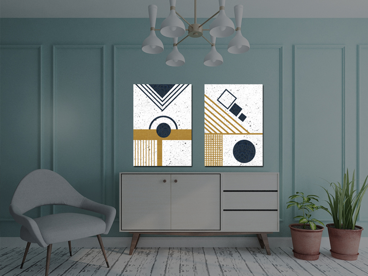 2 Parçalı Altın Çizgiler-Geometrik Şekiller Minimalist Koleksiyon Tablolar