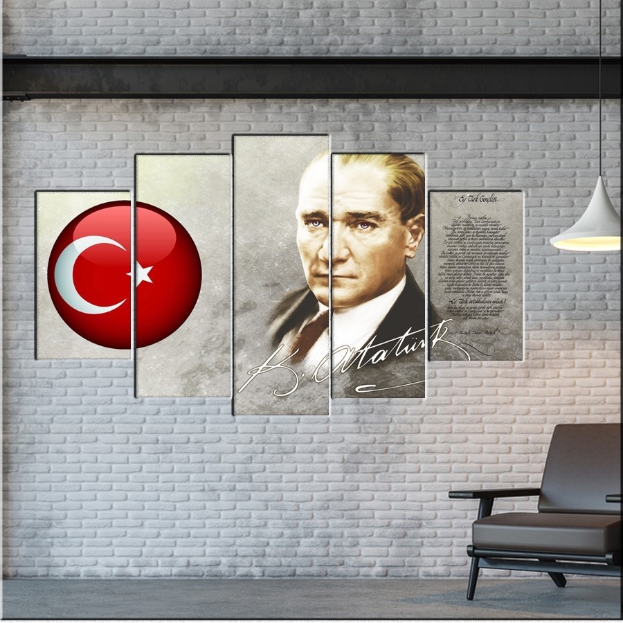 5 Parçalı Kanvas Türk Bayrağı Dekorlu Atatürk Tablosu
