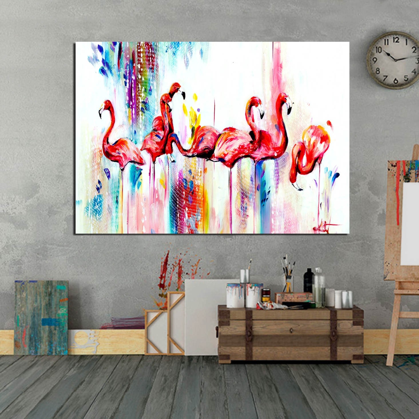 Yağlı Boya Görünümlü Flamingo Kuşlar-Dekoratif Kanvas Tablolar - 2024 Trend Tablolar