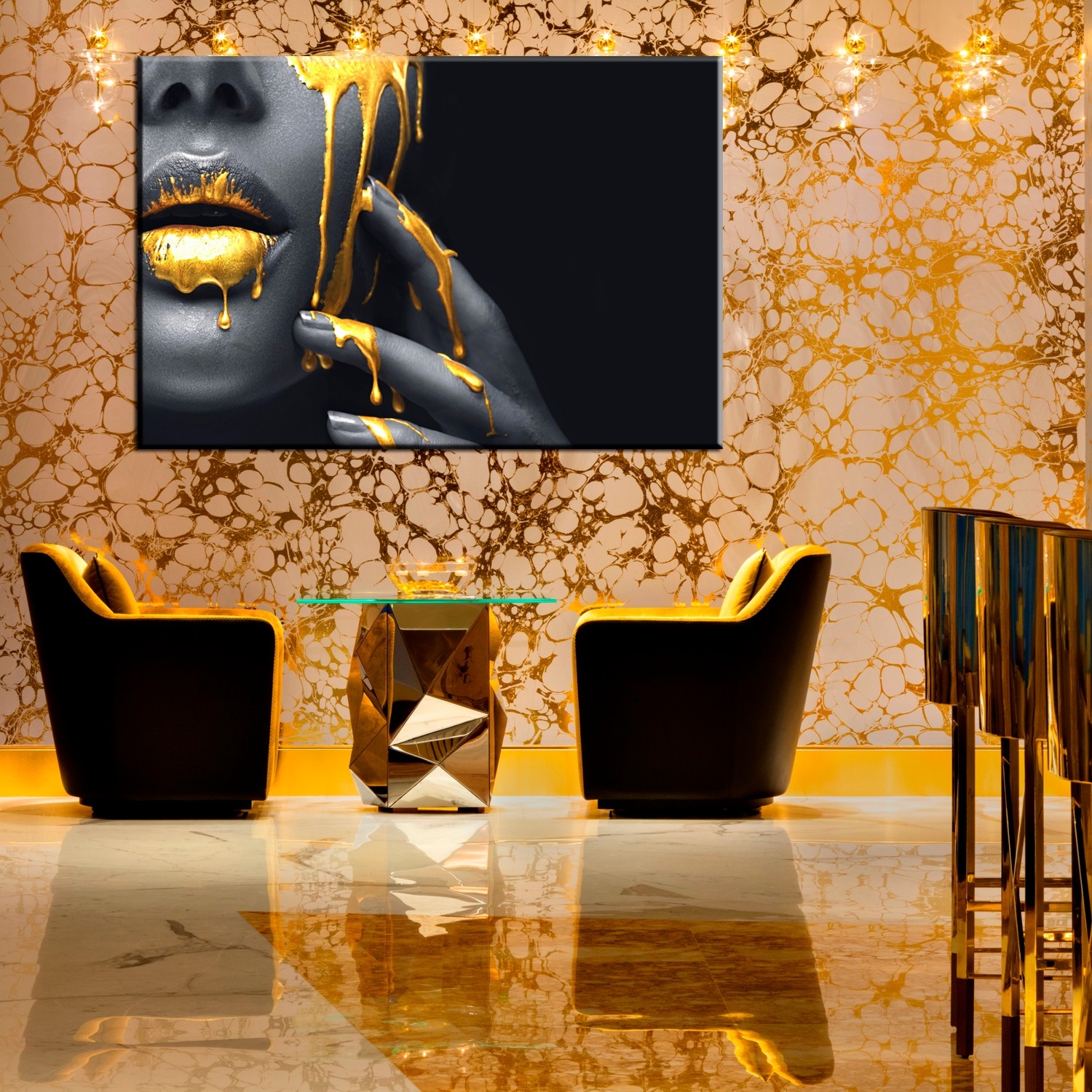 Siyah Gold Makyajlı Kadın-Dekoratif Kanvas Tablolar - 2024 Trend Tablolar