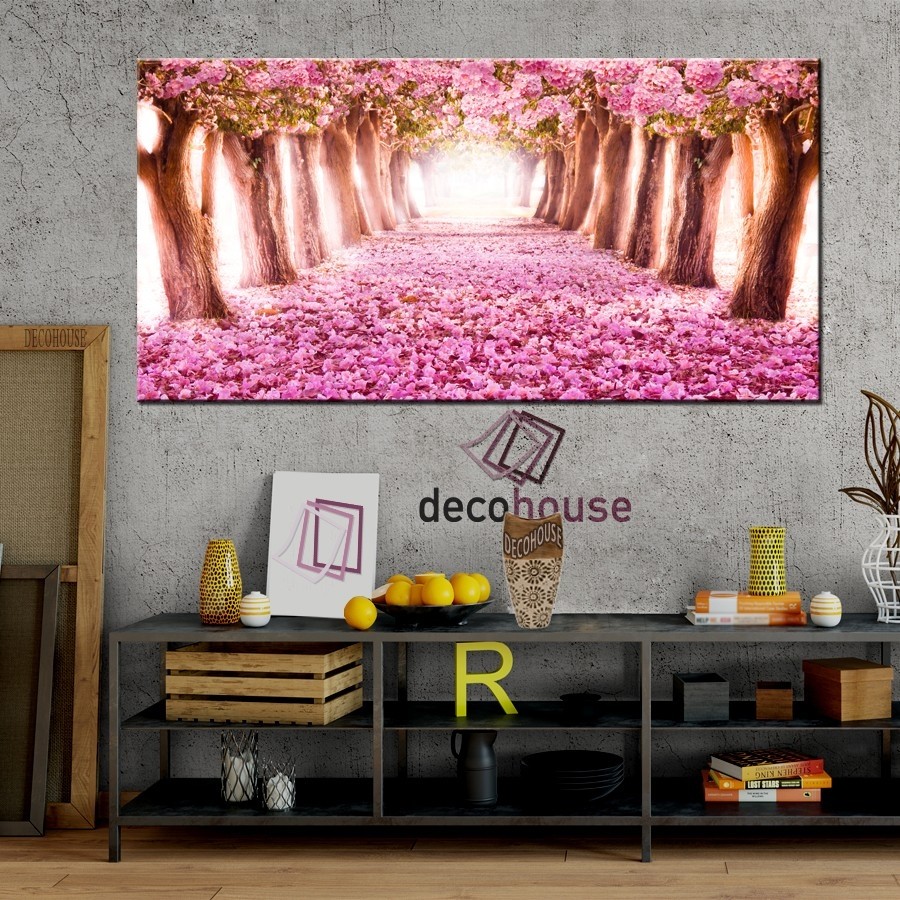 Pembe Çiçekler Çiçekli Yol Tablo-Kanvas Tablo - Dekoratif Kanvas Tablolar