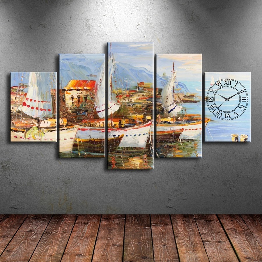 5 Parçalı Saatli Sahil Manzarası Tablosu