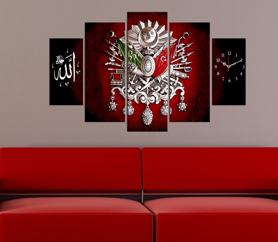 5 Parçalı Saatli Kanvas Tablo - Dini Tablo, Allah, Osmanlı Arması
