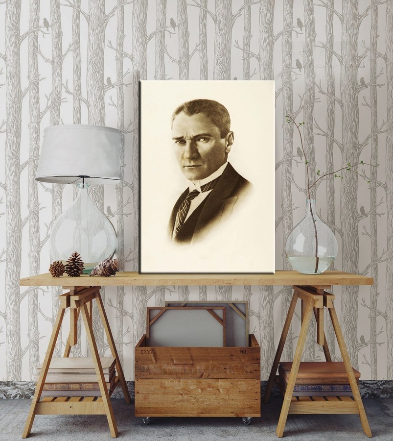 Beyaz Zeminde Atatürk Tablosu-Kanvas Tablo-Duvar Tablosu 