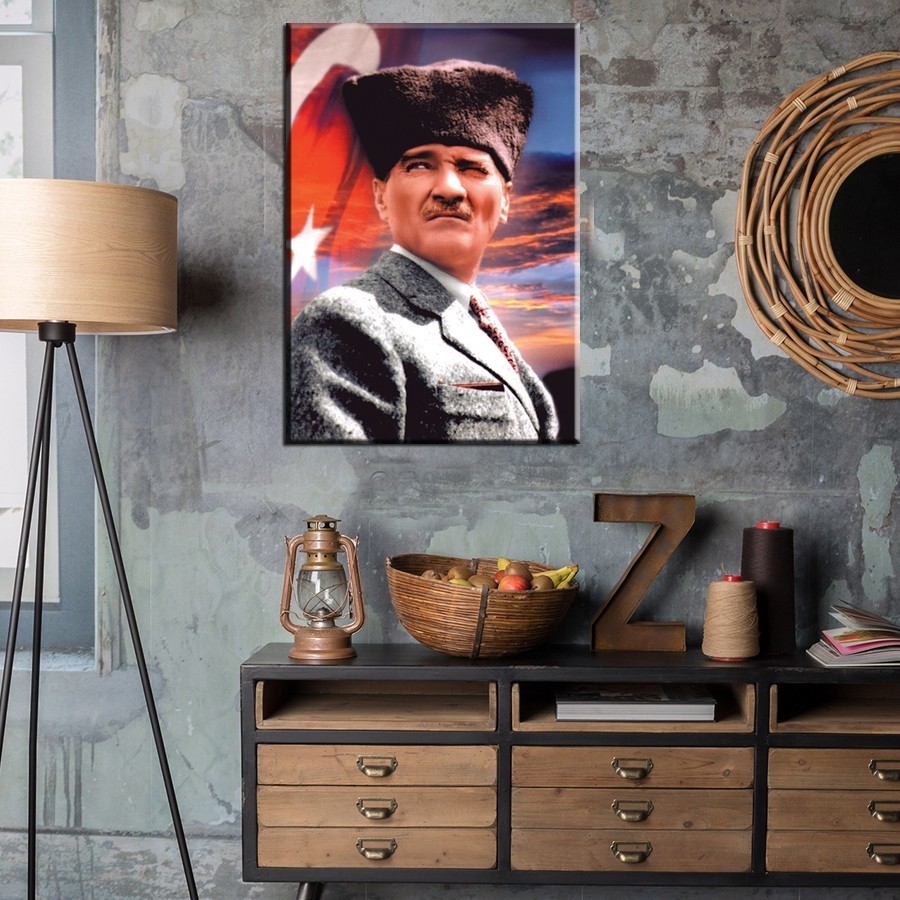Türk Bayrağı Dekorlu Atatürk Tablosu-Kanvas Tablo-Duvar Tablosu
