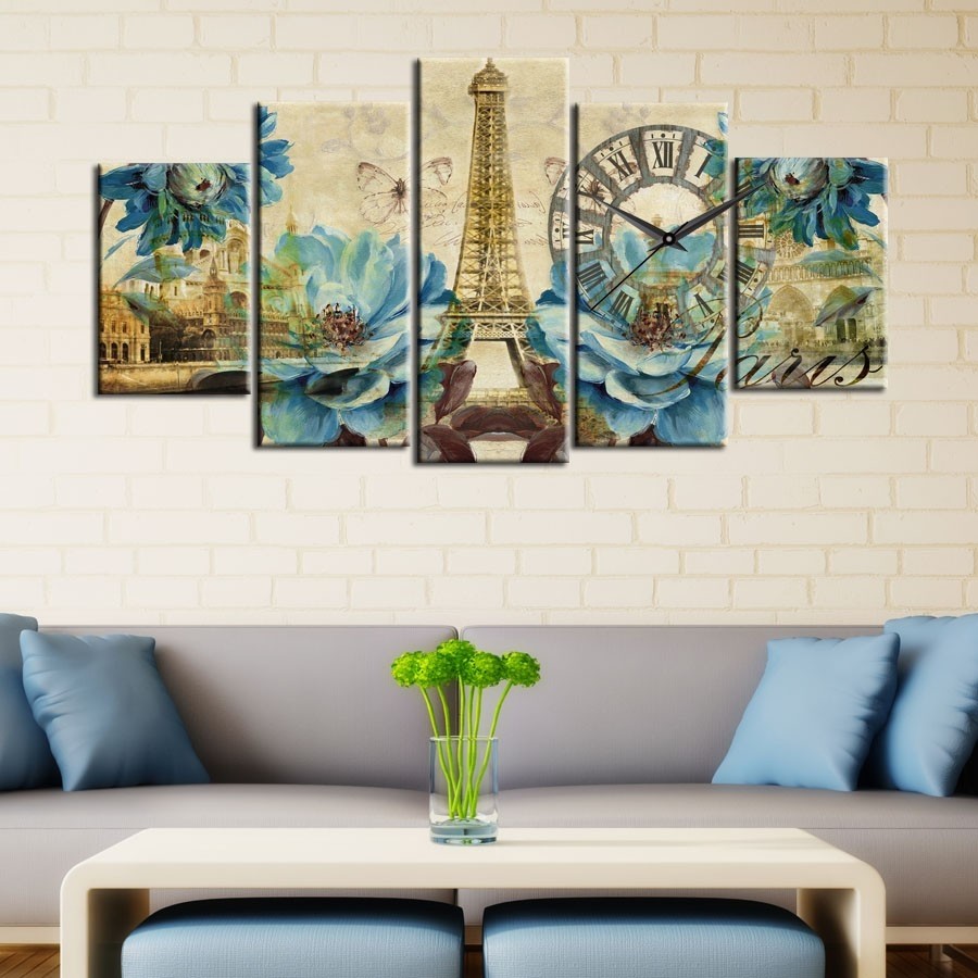 5 Parçalı Saatli Paris Kulesi Manzaralı Tablosu
