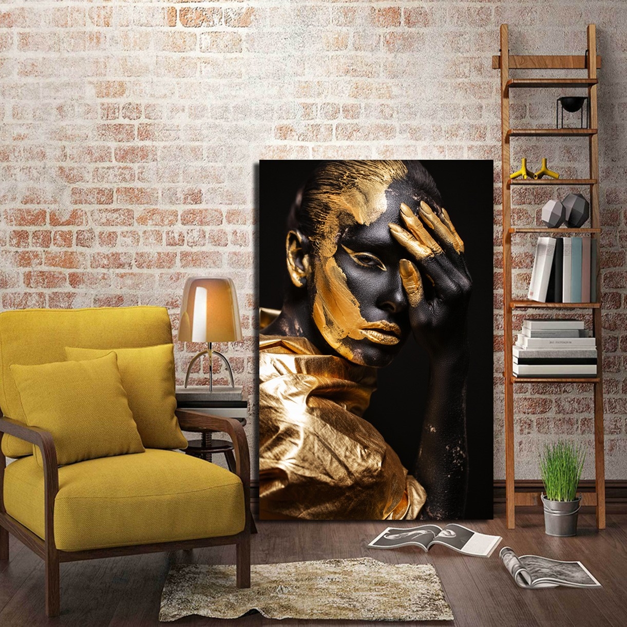 Siyah Gold Makyajlı Kadın-Dekoratif Kanvas Tablolar - 2024 Trend Tablolar