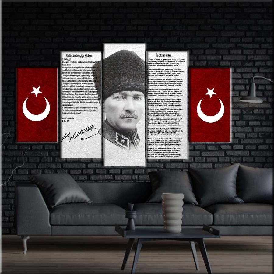 5 Parçalı Kanvas Türk Bayrağı Dekorlu Atatürk Tablosu