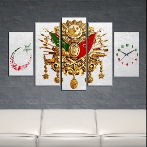 5 Parçalı Saatli Kanvas Tablo - Ayyıldız ve Osma..
