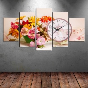 5 Parçalı Saatli Çiçek Tablosu