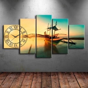 5 Parçalı Saatli Deniz Manzaralı Kanvas Tablo