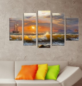 5 Parçalı Kanvas Tablo -Gün Batımı Dalgalı Deniz..