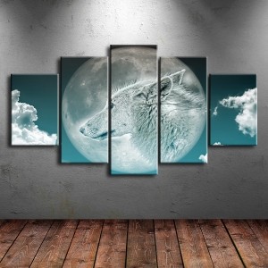 5 Parçalı Ay Dekorlu Kurt Tablosu