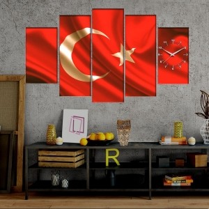5 Parçalı Saatli Türk Bayrağı Tablosu