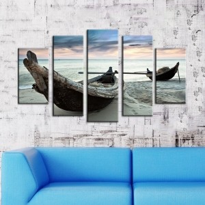 5 Parçalı Kanvas Tablo - Deniz - Ağaç Kayık Tabl..