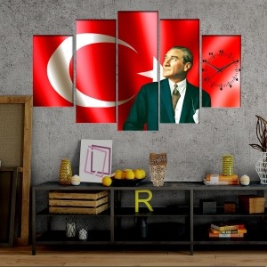 5 Parçalı Saatli Türk Bayrağı Dekorlu Atatürk Ta..