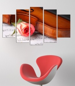 5 Parçalı Kanvas Tablo - Gül Gitar Notalar-Dekor..