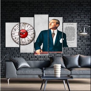 5 Parçalı Saatli Atatürk Tablosu