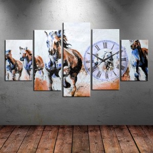 5 Parçalı Saatli Atlar Dekoratif Kanvas Tablo