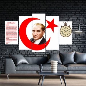 5 Parçalı Saatli Atatürk Tablosu