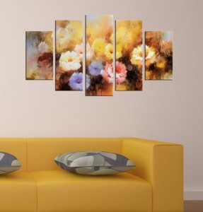 5 Parçalı Kanvas Tablo - Pastel Çiçekler- Dekora..