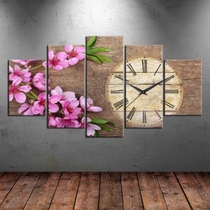 5 Parçalı Saatli Çiçek Dekorlu Kanvas Tablo