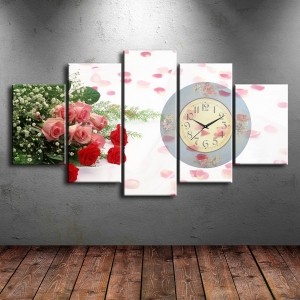 5 Parçalı Saatli Çiçek Tablosu