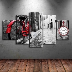 5 Parçalı Saatli Manzara Tablosu