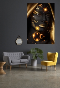 Siyah Gold Makyajlı Kadın -Dekoratif Kanvas Tabl..