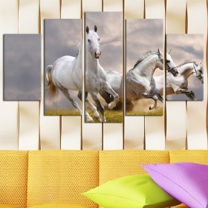 5 Parçalı Kanvas Tablo - Beyaz Atlar