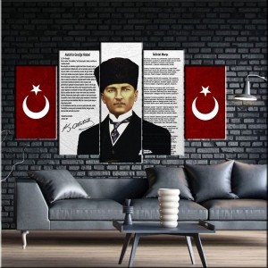 5 Parçalı Kanvas Türk Bayrağı Dekorlu Atatürk Ta..
