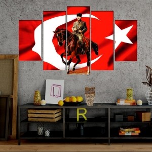 5 Parçalı Kanvas Türk Bayrağı Dekorlu Atatürk Ta..
