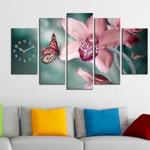 5 Parçalı Saatli Kanvas Tablo - Pembe Çiçekler v..