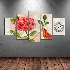 5 Parçalı Saatli Çiçek Tablosu