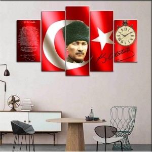 5 Parçalı Saatli Türk Bayrağı Dekorlu Atatürk Ta..