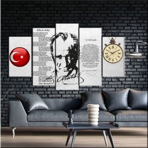 5 Parçalı Saatli Atatürk Tablosu