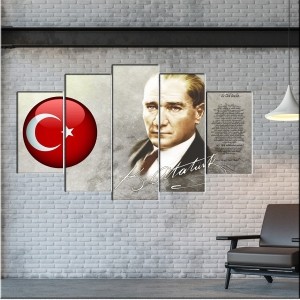 5 Parçalı Kanvas Türk Bayrağı Dekorlu Atatürk Ta..