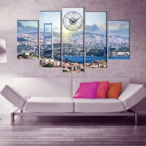 5 Parçalı Saatli İstanbul Manzaralı Kanvas Tablo..