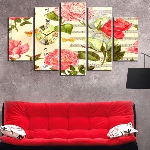 5 Parçalı Saatli Kanvas Tablo - Çiçekler ve Nota..